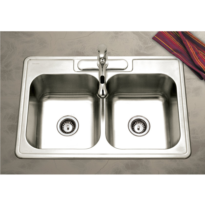 Glowtone 33'' L Drop-In Double Bowl Stainless Steel Kitchen Sink, 3 Holes