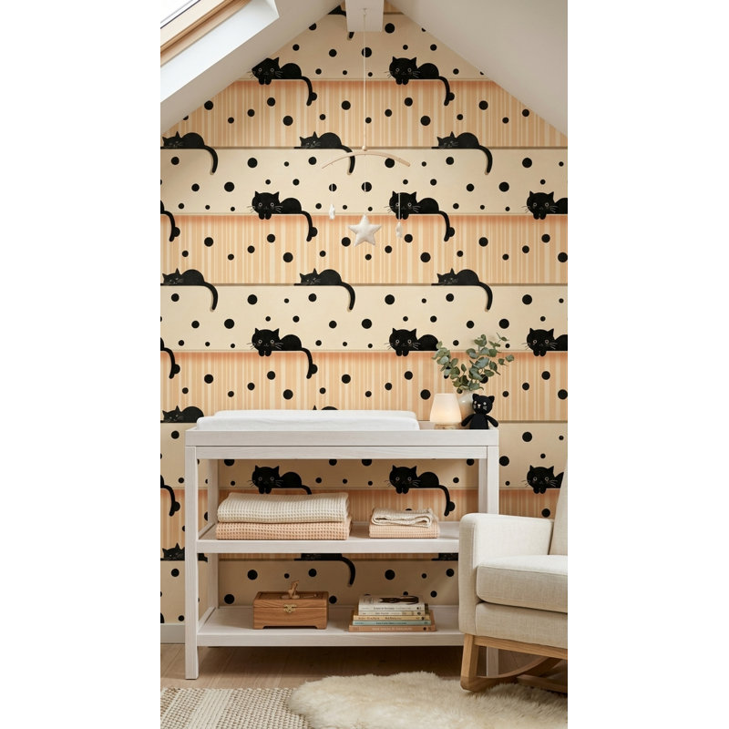 Papier peint mural à pois noirs avec chat, Peler et coller