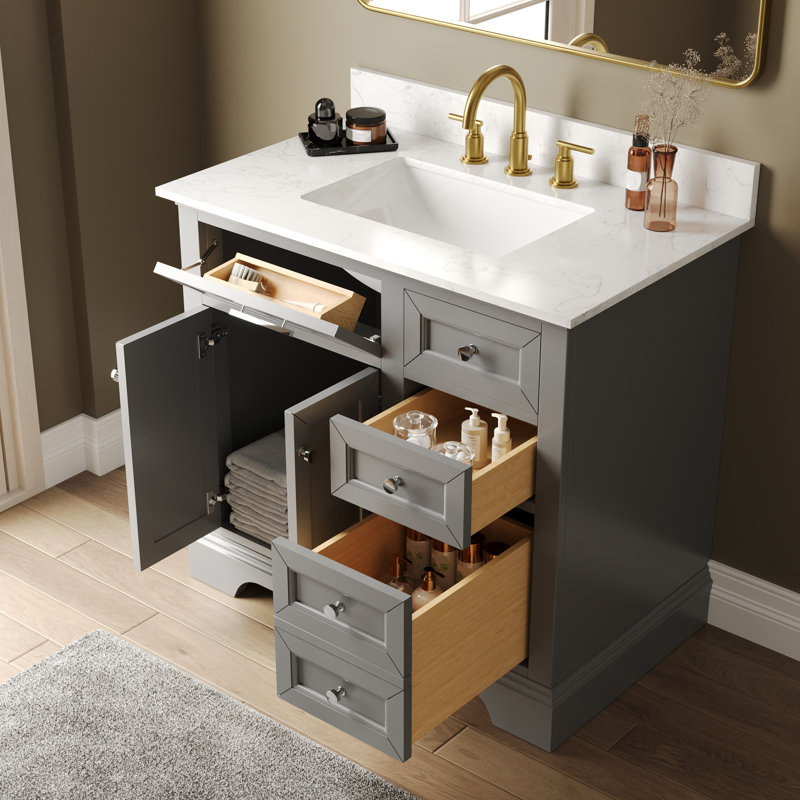 Heritage 36'' Fully Assembled Single Bathroom Vanity with Backsplash, 3 Colors Available White/ Navy Blue/ Gray, Light Gray
