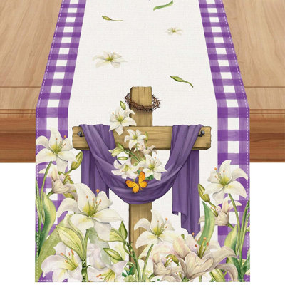 Easter Table Runner Religious He Is Risen Spring Kitchen Dining Room Decor Polyester Waterproof 1 Piece