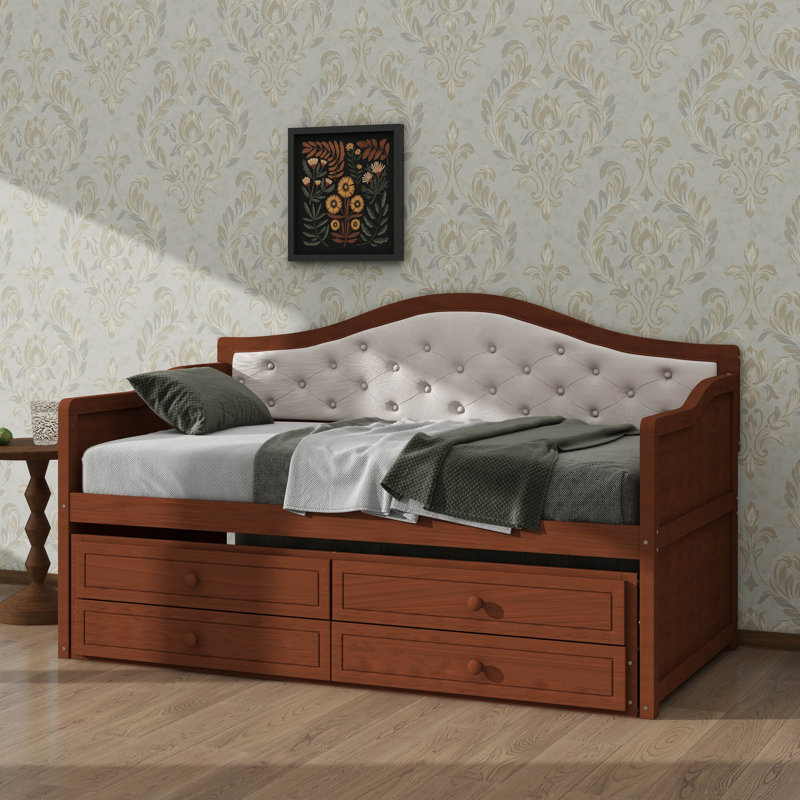 Twin Daybed With Trundle, Daybed With 2 Storage Drawers, Wooden Sofa Bed With Upholstered Button Tufted Backrest For Living Room