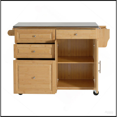 Îlot de cuisine intérieur en bambou avec plateau en acier inoxydable - Chariot mobile avec tiroirs, armoire et porte-serviettes pour la salle à manger et le bar