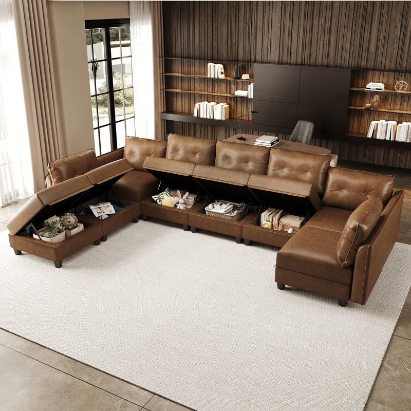 Modular Sectional Sofa With Storage, Modern Brown Faux Leather, Reversible Chaise, U Shaped Couch For Living Room, Waterproof & Easy Clean, 7 Seats With 1 Ottomans