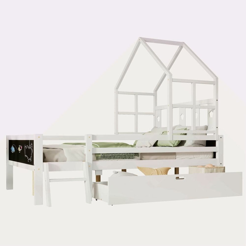 Lit de maison de taille Aseliya avec échelle et tiroirs de rangement pour chambre d'enfant, cadre de lit en bois massif avec 2 tableaux noirs