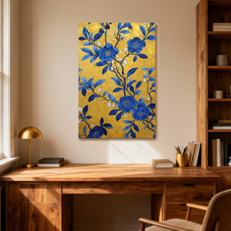 Plants &Flowers Blue Floral Pattern On Gold Background