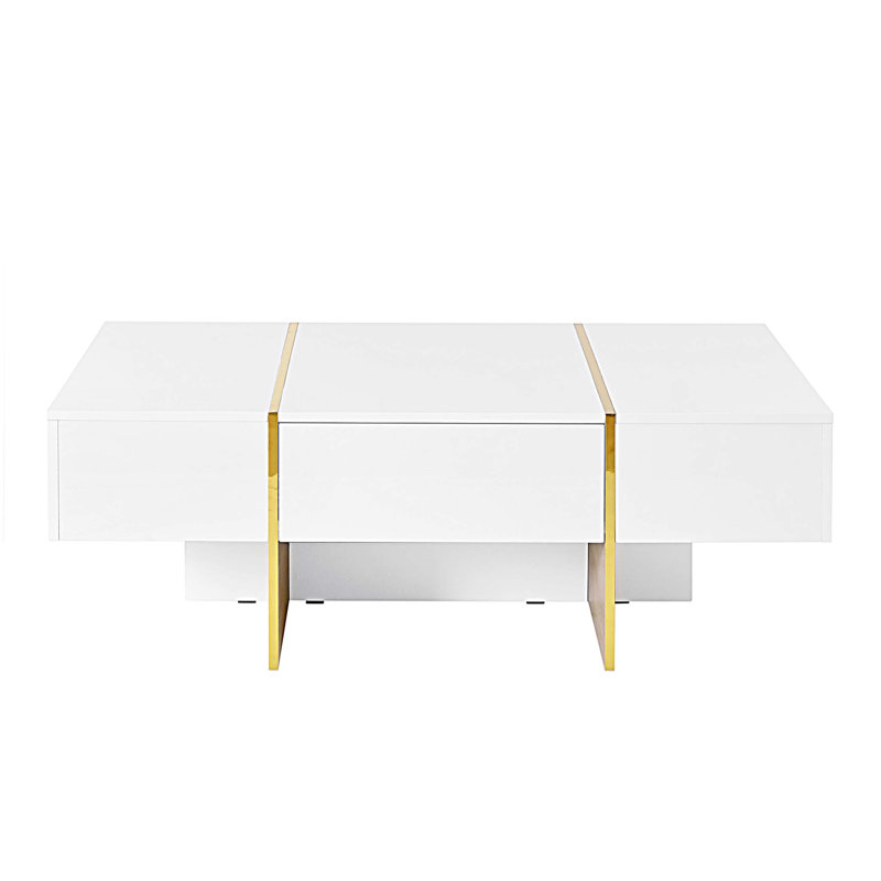 Table basse moderne avec 2 tiroirs, table de centre rectangulaire multi-rangement avec pieds en bois, Blanc