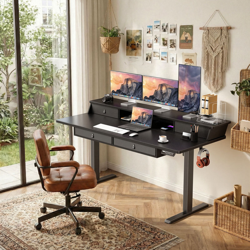 Electric Standing Desk with 4 Storage Drawers, Stand Up Desk Adjustable Height, Compatible with C-clamp mounting, with cable management tray，Suitable for office and home office use