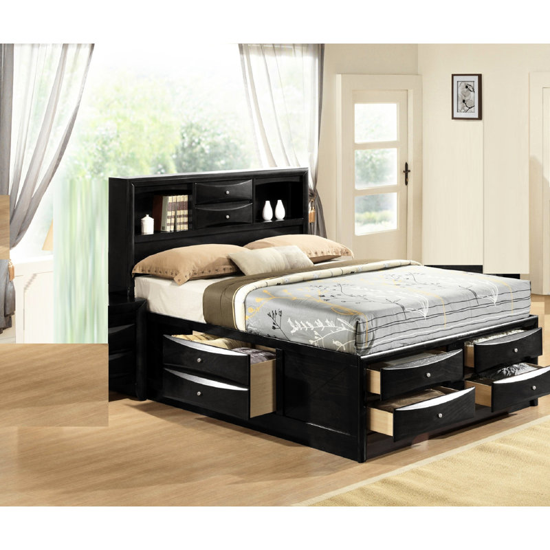 Contemporary King Bed With Headboard Bookcase And Storage In Black Size Ample Space, Black, King