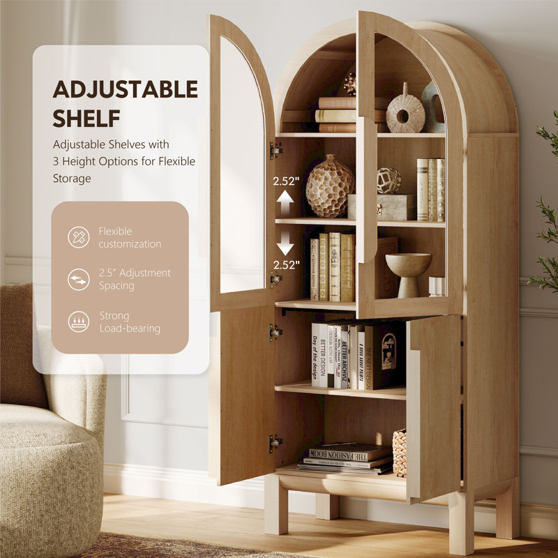 71"H Arched Bookshelf, Modern 5 Tier Bookcase With Cabinet, Wooden Display Cabinet With Glass Doors And Adjustable Shelves, Versatile Bookshelf For Living Room, Study, Office