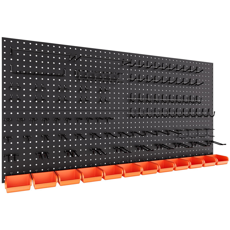 Ensemble de panneaux perforés en métal de 48 po x 24 po avec accessoires de crochets perforés de 1/4 po, panneaux perforés de 4 pièces et système de rangement mural pour outils perforés noirs de 156 pièces