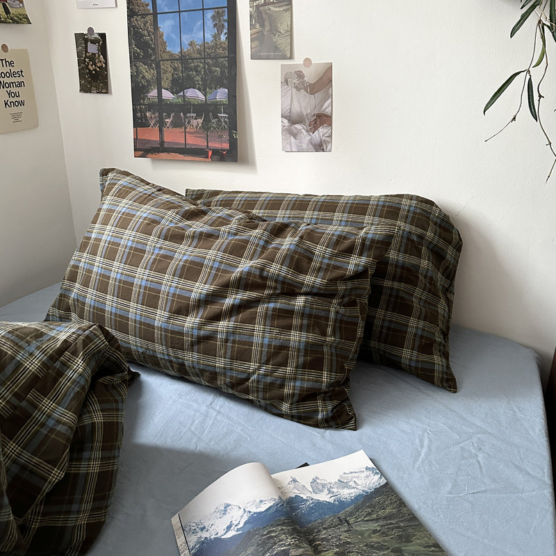 Vintage 3-Piece Cotton Duvet Cover Set With Pillow Shams, Blue/Brown Plaid, Full Duvet Cover + 2 Standard Shams