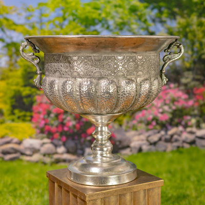 18.3" Tall Frosted Silver Metal Urn "Bacchus"
