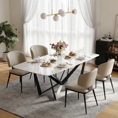 70.9'' Large Rectangular Dining Table for 6-8 People, Modern Sintered Stone Dining Room Table with Black Stainless Steel Base, Kitchen Room Table for Living Room Home (Table Only)