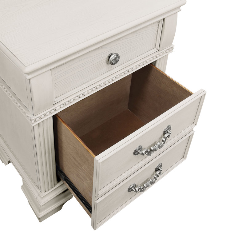 Ensemble de chambre à coucher en bois avec tête de lit en forme de cloche Adames, Blanc, Grand lit