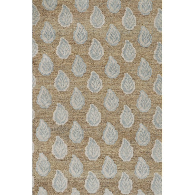 Rug & Kilim’S Modern Block Print Rug In Beige With White And Blue Floral Pattern, Rectangle 10' x 14'