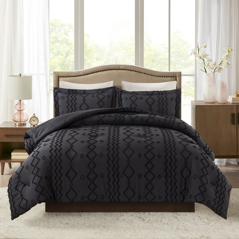 Ring Stitch Comforter, King Comforter + 2 King Shams, Black