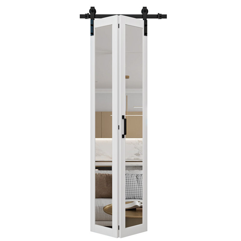 Porte de grange pliante de 84 po avec miroir entièrement vitré, en bois manufacturé massif blanc, préassemblée et peignable, 36 po x 84 po (quincaillerie incluse) (Idéale pour petit placard, garde-manger, buanderie, salle de bain)