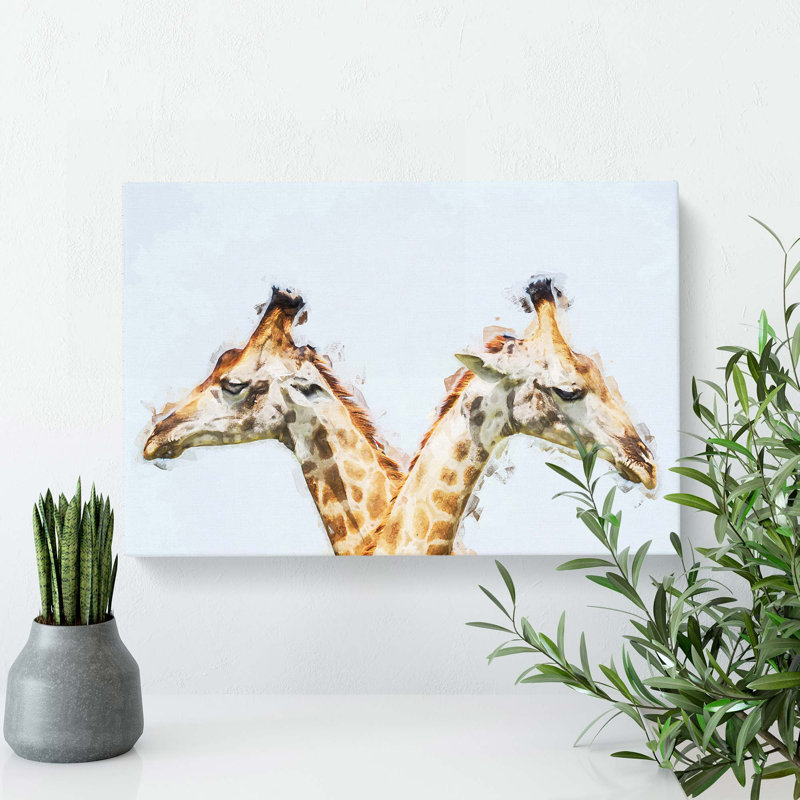 Giraffes Looking Both Ways In Abstract - Wrapped Canvas, 60cm H x 91cm W x 3cm D