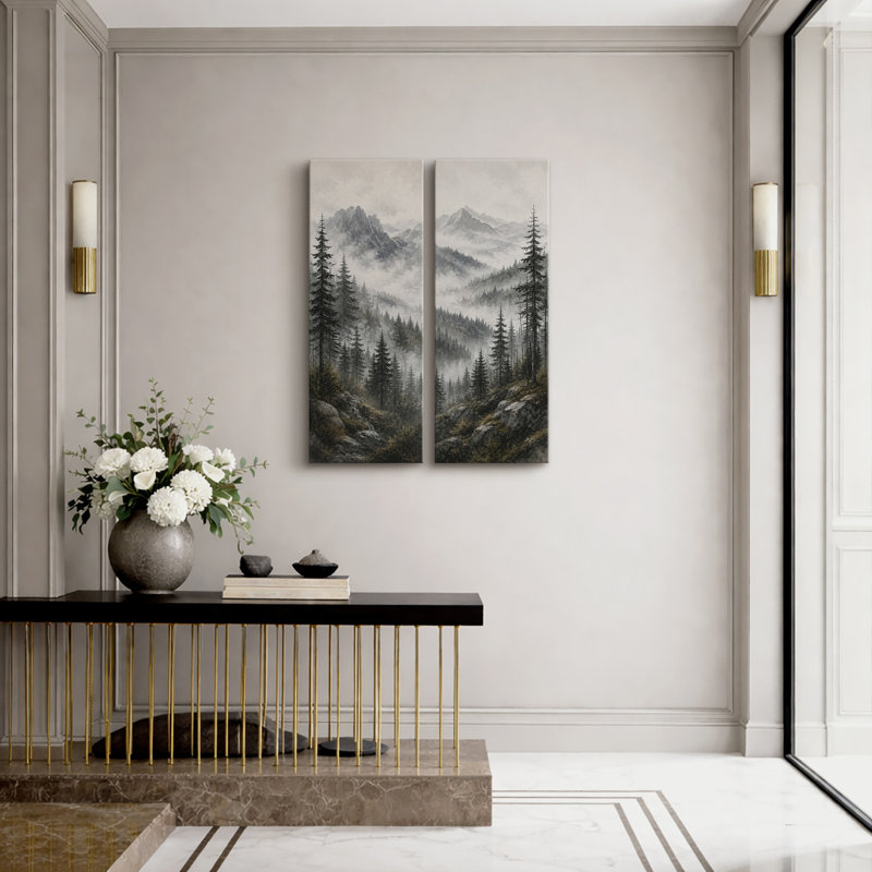 Paysage de forêt de conifères de Misty Mountain – Ensemble de 2 impressions sur toile 32 po x 12 po x 2 po, H 32 po x l 12 po