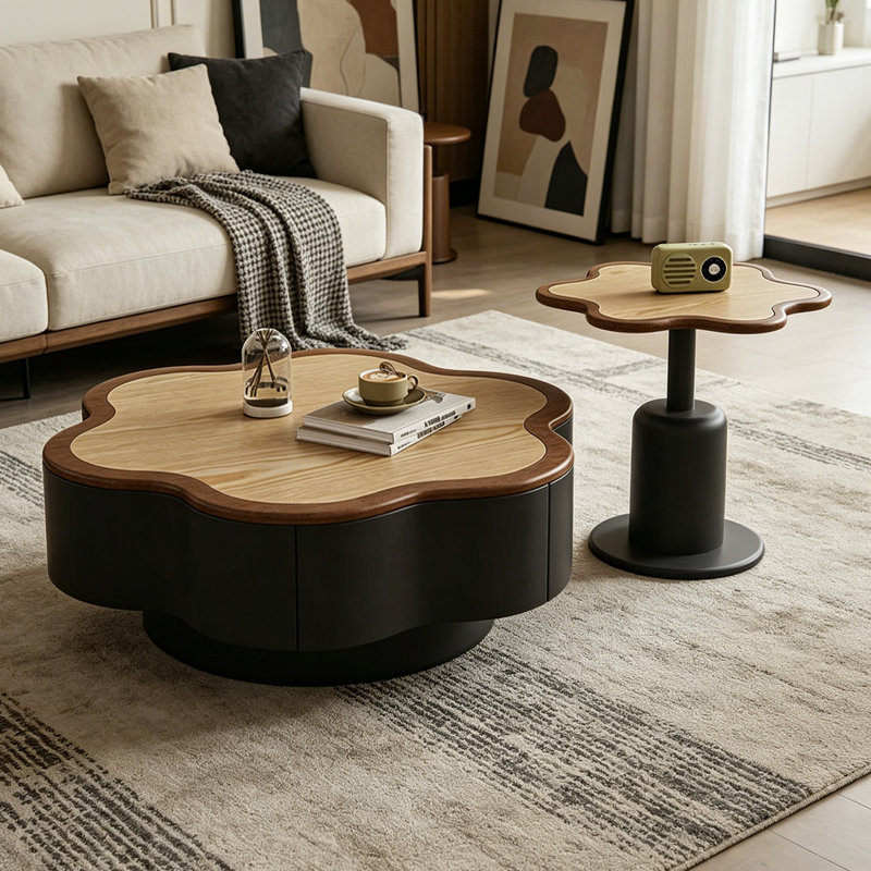 Table basse à pétales rétro français, 13" H x 35.43" L x 35.43" W, Black/Burlywood/NutBrown