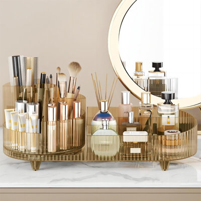 Rotating Makeup Organizer,Large Capacity Cosmetic Display Case, Easy To Hold All Of Your Makeup Products, At Least 20 Makeup Brushes/Eyeliner,10 Lipsticks,8 Skincare Products(Crystal Amber)