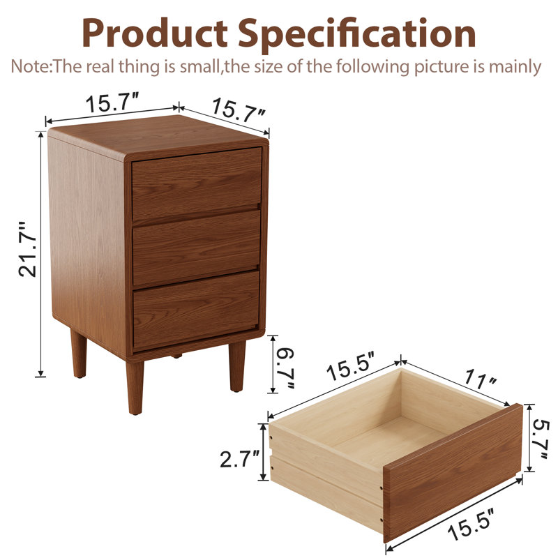 Aevah Solid Wood Mid-Century Modern Nightstand, Brown, 25.9" H