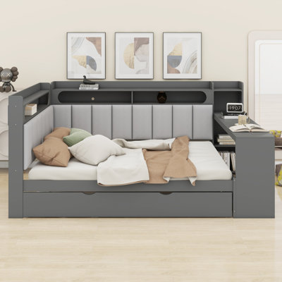 Daybed with Trundle, Storage Shelves & Charging Station, LED Light & Desk
