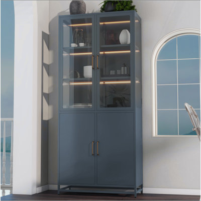 Vitrine de 76,75 po de hauteur, avec portes en verre et lumières DEL, armoire vitrée en acier avec verre à 3 côtés, garde-manger avec rangement pour les couloirs, salon, cuisine, décoration intérieure et bureau