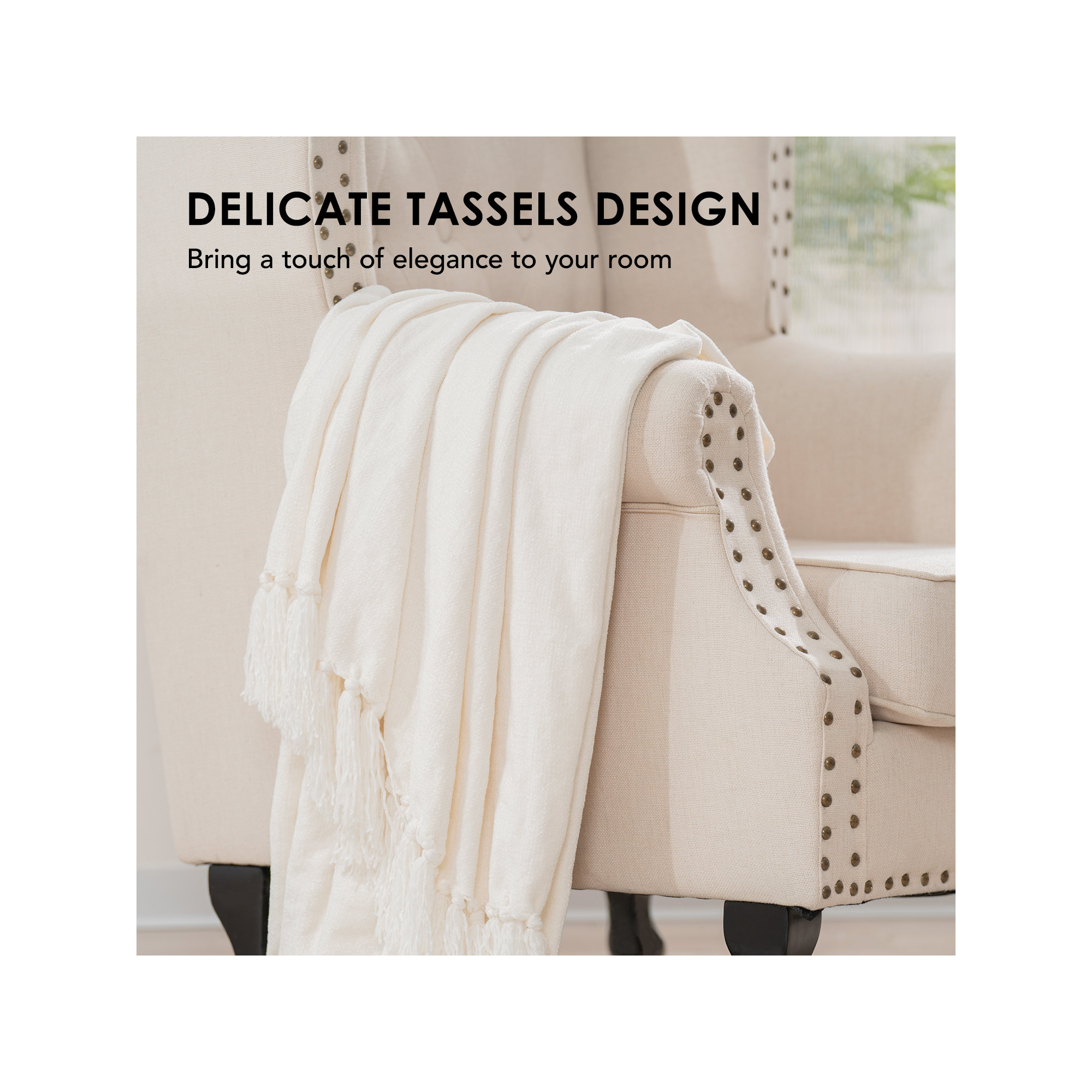 Soft Chenille Throw Blanket, Ivory White, 60" L x 50" W