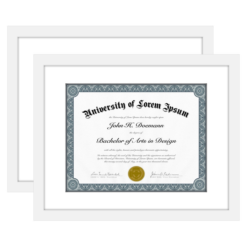 Jareb Diploma Frame - 11x14 with 8.5 x 11 Mat for Diploma - Wood + Glass (2 Pack), White