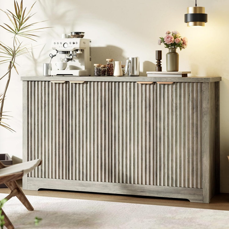 Grande armoire-buffet cannelée avec buffet d'appoint de rangement, crédence moderne de 55 po avec tablettes réglables, console média pour la cuisine, le salon et la lumière antique