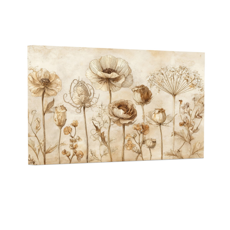 Plantes et fleurs, reproduction botanique rétro, sépia, H 20 po x l 30 po