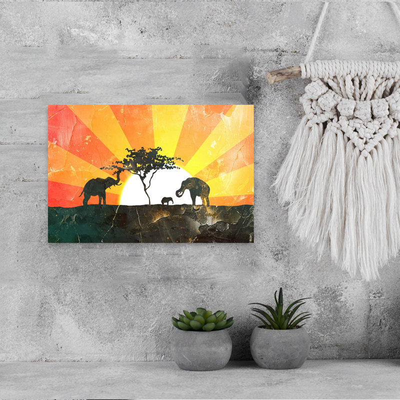 Savane, coucher de soleil, éléphants, art contemporain contemporain, 12" H x 18" W