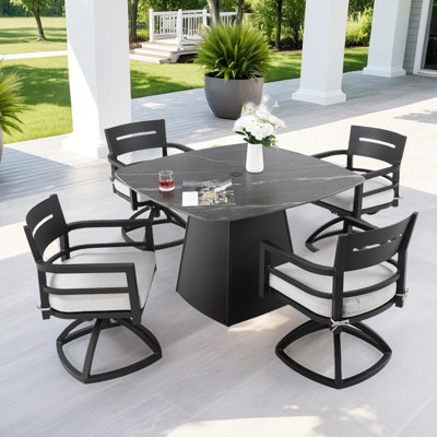 44" Rounded Square Sintered Stone Table, 5 Outdoor Pedestal Dining , Swivel Rockers, Cushions, Adjustable Design Patio Corners
