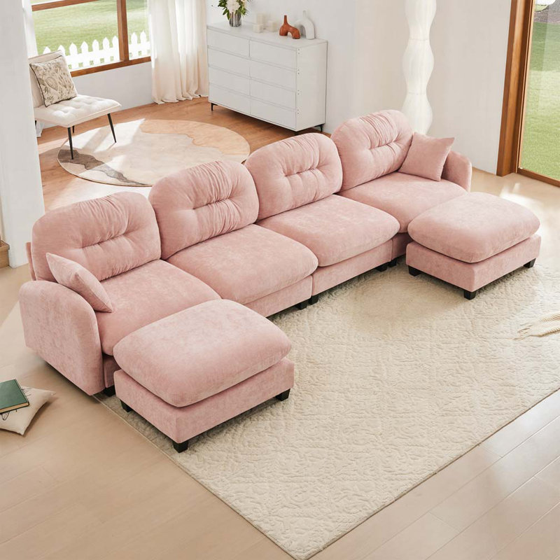 Canapé modulaire en chenille 4 places avec 2 coussins et repose-pieds, Rose