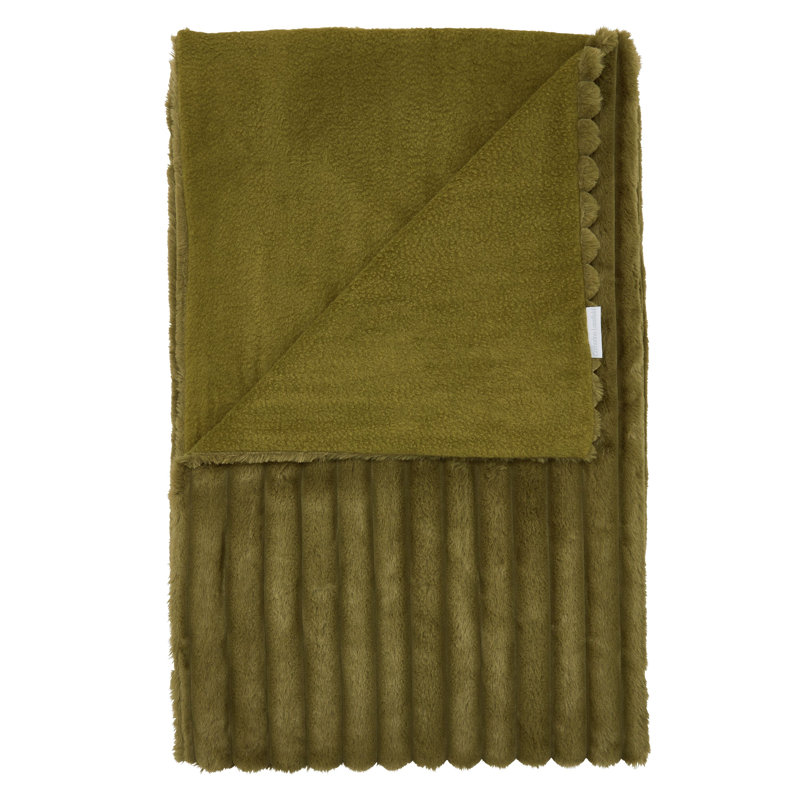 Cosy Ribbed Faux Fur Blanket Throw, Olive Green