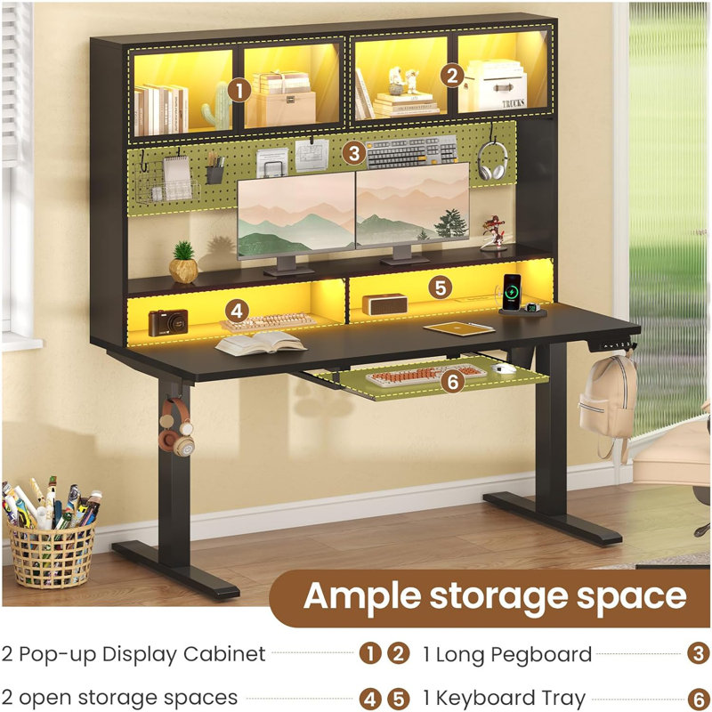  Bureau de jeu électrique à hauteur réglable avec rangement Rissa, Noir