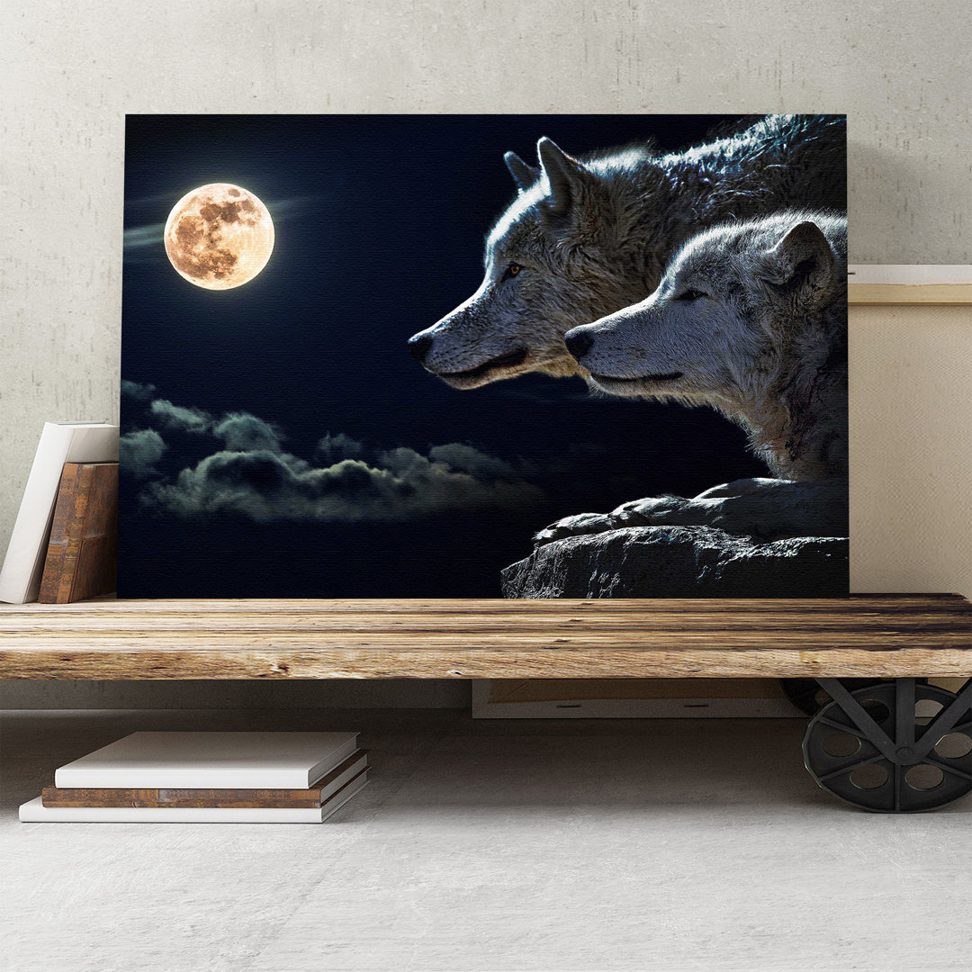 Wolf Wolves and Moon Photographic - Wrapped Canvas