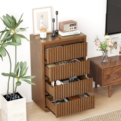 37"H × 23.6"W Fluted 4-Drawer Dresser, Single Drawer Storage Cabinet, Wooden Storage Organizer