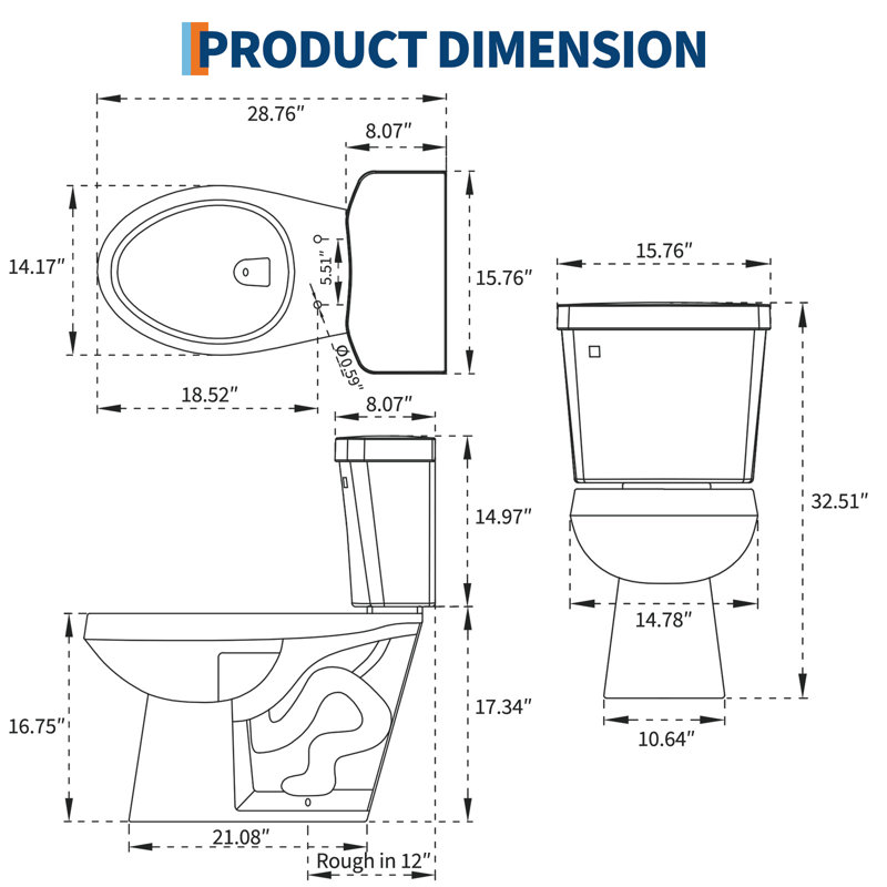White Elongated Two-Piece Toilet, Comfort ADA Height 17", Powerful 1.28 GPF Flush, 32.51" H x 15.76" W x 28.76" D, Left