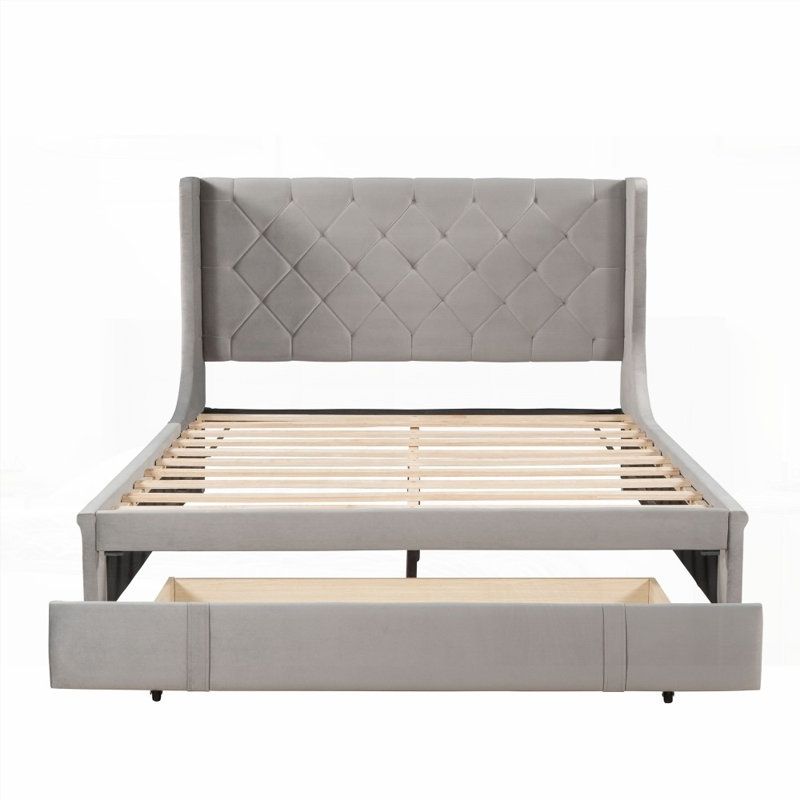 Lit de rangement grand format avec tête de lit à oreilles et grand tiroir - aucun sommier nécessaire, robuste et amp; Spacieux (gris)