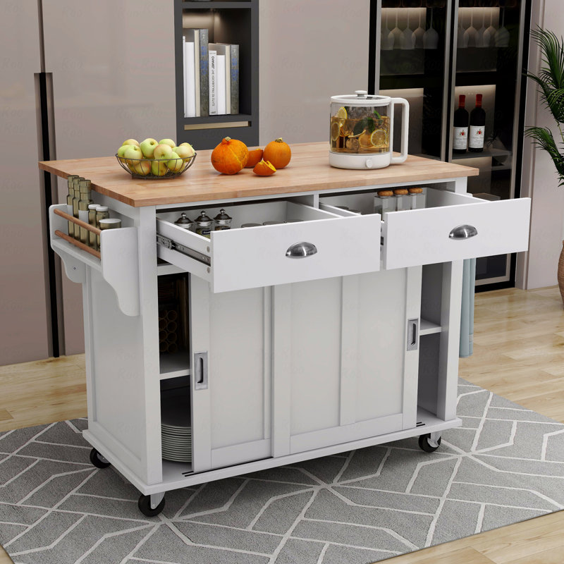 Chariot de cuisine avec comptoir à abattants en bois d'hévéa, porte de grange coulissante dissimulée à hauteur réglable, îlot de cuisine sur 4 roues avec armoire de rangement et 2 tiroirs