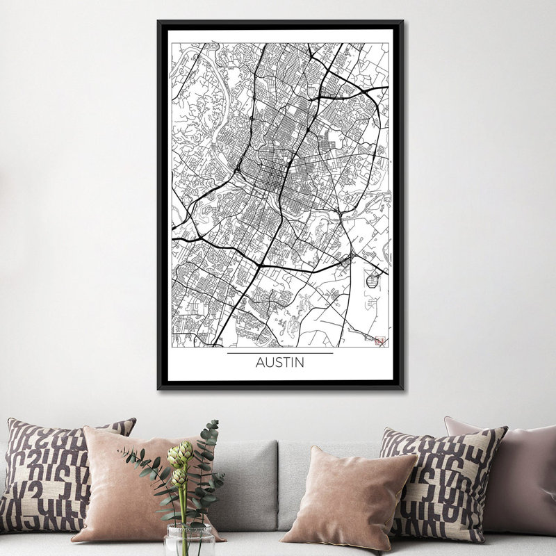 «Austin Minimal Urban Blueprint Map», reproduction d'impression sur toile, H 26 po x l 18 po x P 1,5 po, Pas de tapis
