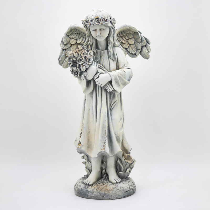 Statue d'enfant enfant ange tenant un bouquet de fleurs en magnésium, Blanc antique