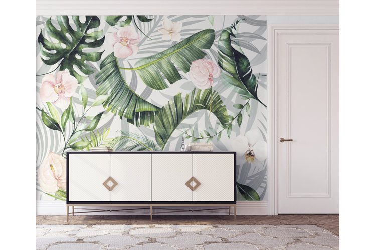 Hallway with white trim, door, and console table and tropical wallpaper