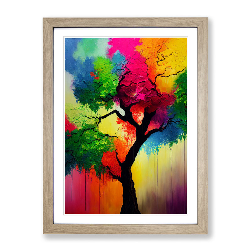 Colourful Abstract Tree No.3 - Wall Art, 48cm H x 36cm W, Oak Framed, White