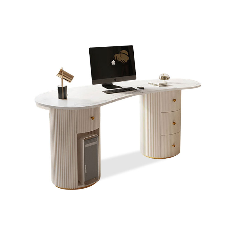Bureau blanc à 4 tiroirs en pierre blanche + bois massif + bois manufacturé + cuir, H 29,53 po x l 62,99 po x P 27,56 po