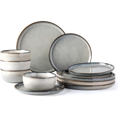 Reactive Glaze Green Wheat Ceramic Dinnerware Set - 4 Person/12Pcs Stoneware Plates & Bowls, Scratch Resistant, Dishwasher & Microwave Safe