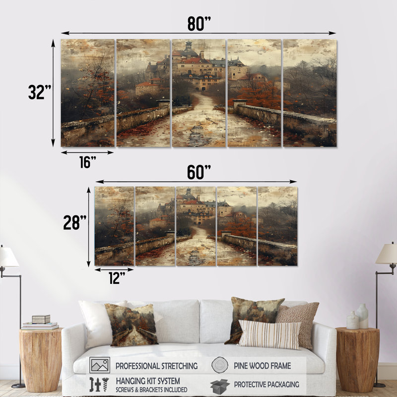 «Beige Orange Autumn Rustic Chateau In Europe I - Chateaus», ensemble de reproduction d'art mural, 32" H x  80" W