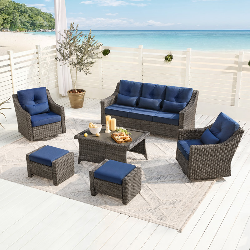 Keaisha 5 Person Outdoor Conversation Furniture Set Seating Group With Coffee Table And Cushions, Blue, Gray